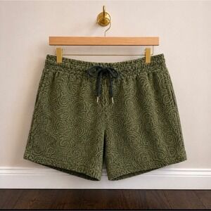 OAS Men Olive Green Swirl Jacquard Terry Cotton Shorts Size Medium